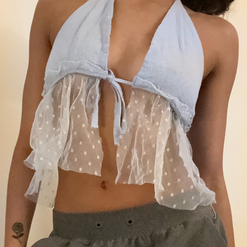 Baby blue beachy mesh polka dot halter top with adjustable straps🩵